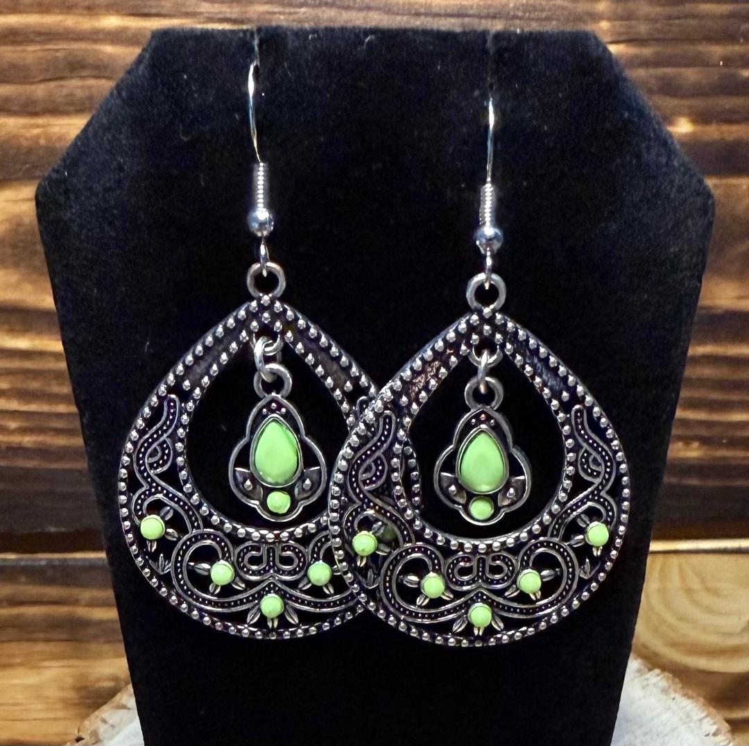 NEW Boho Chic Elaborate Metal Teardrop Earrings w/ Green Gems