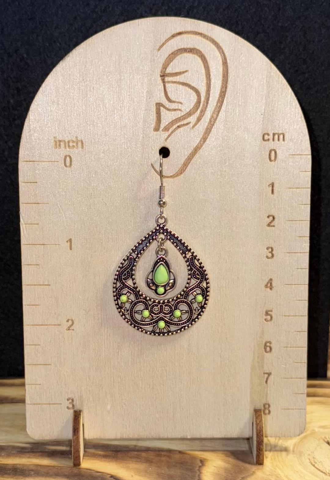 NEW Boho Chic Elaborate Metal Teardrop Earrings w/ Green Gems