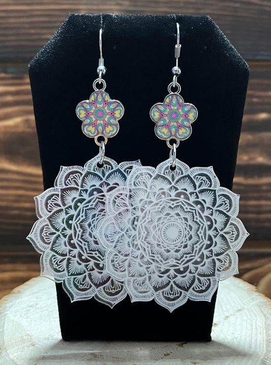 NEW Large Clear & White Mandala Drop Earrings