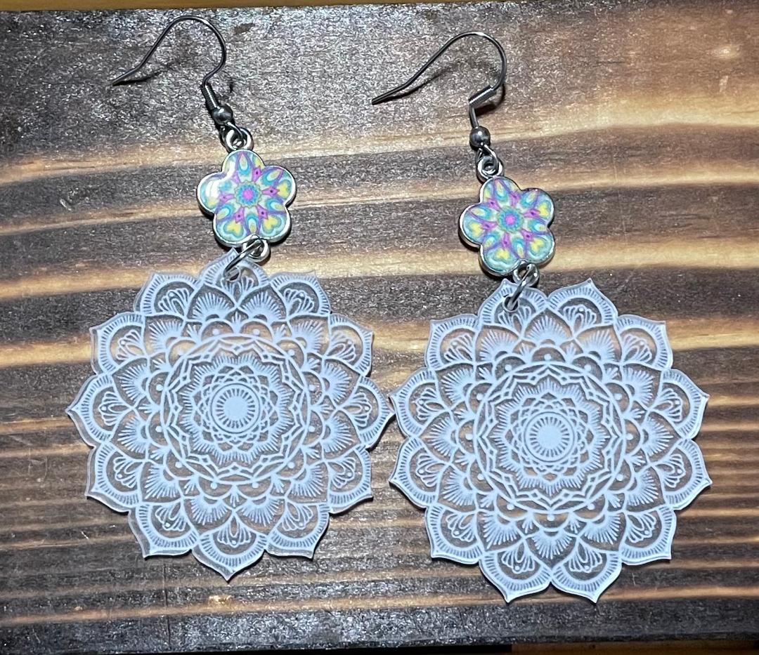 NEW Large Clear & White Mandala Drop Earrings