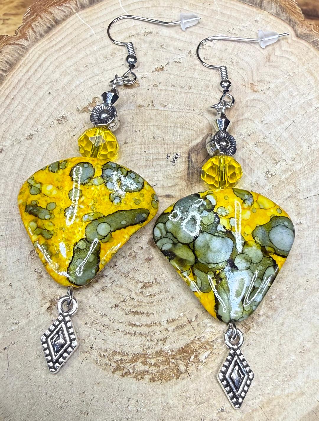 NEW Bandhani Style Painted Large Yellow & Gray Triangle Charm Earrings w/ Glass Beads