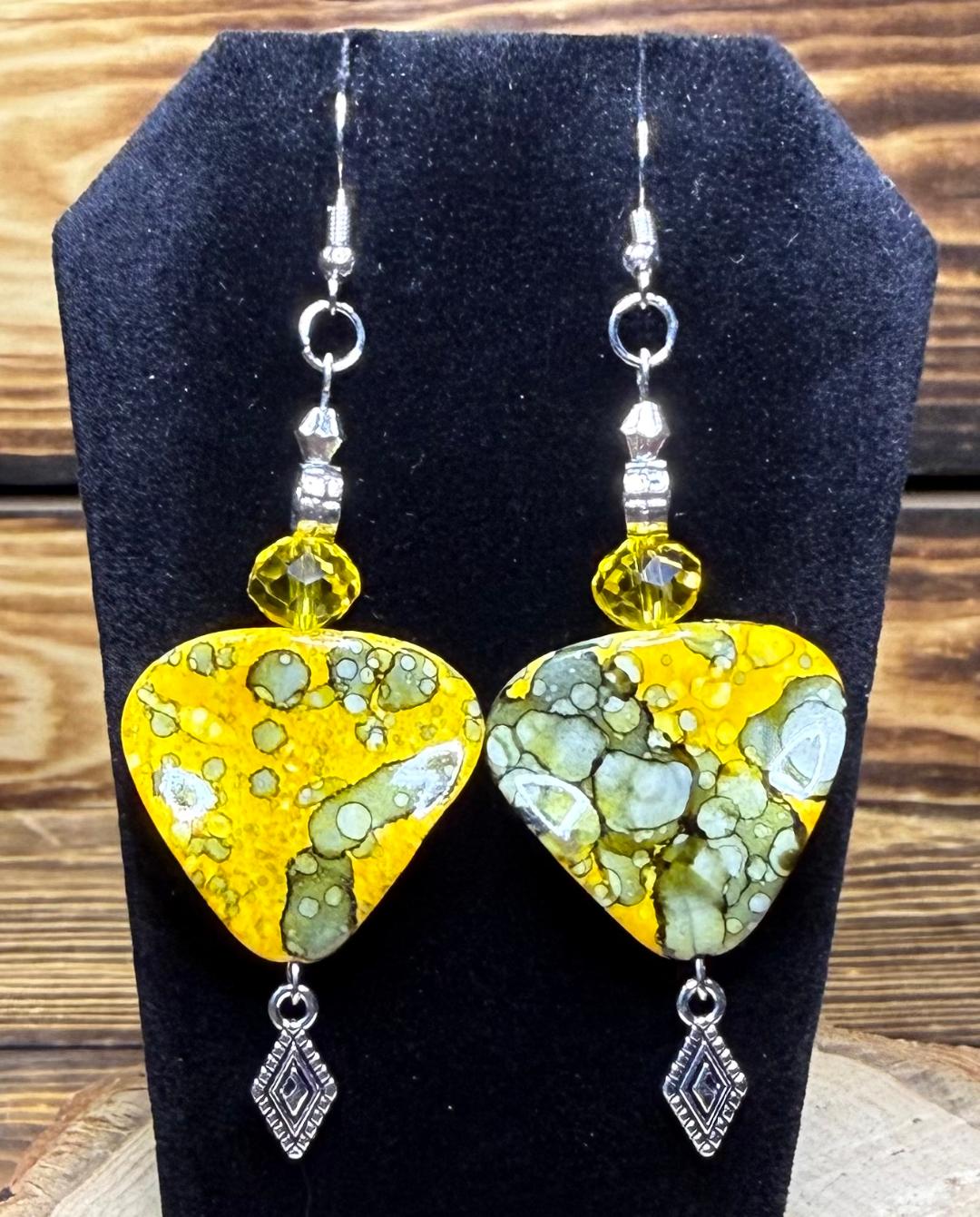 NEW Bandhani Style Painted Large Yellow & Gray Triangle Charm Earrings w/ Glass Beads