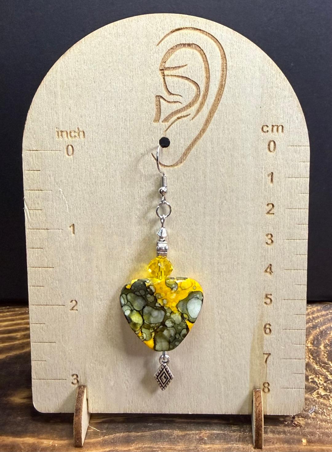 NEW Bandhani Style Painted Large Yellow & Gray Triangle Charm Earrings w/ Glass Beads