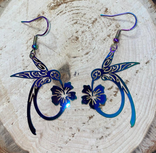 NEW Iridescent Hummingbird & Flower Boho Hippie Drop Laser Cut Metal Earrings