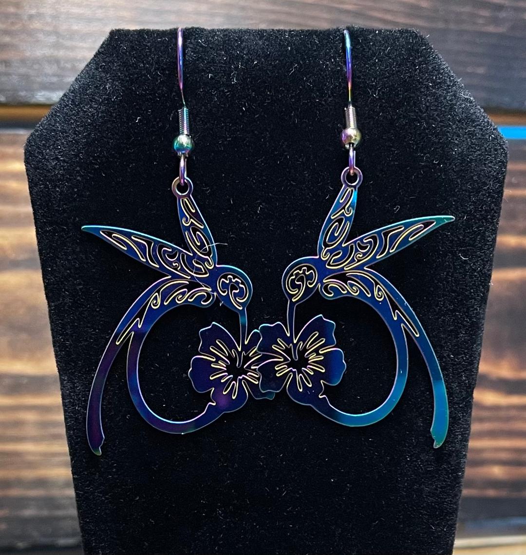 NEW Iridescent Hummingbird & Flower Boho Hippie Drop Laser Cut Metal Earrings