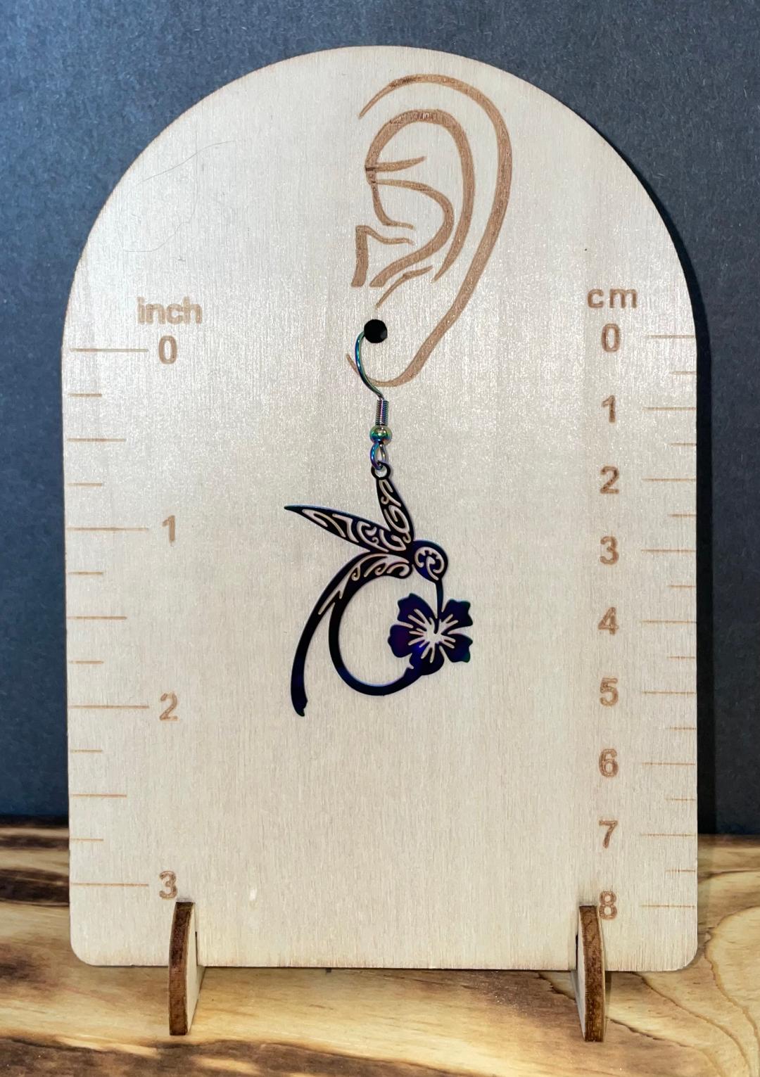 NEW Iridescent Hummingbird & Flower Boho Hippie Drop Laser Cut Metal Earrings