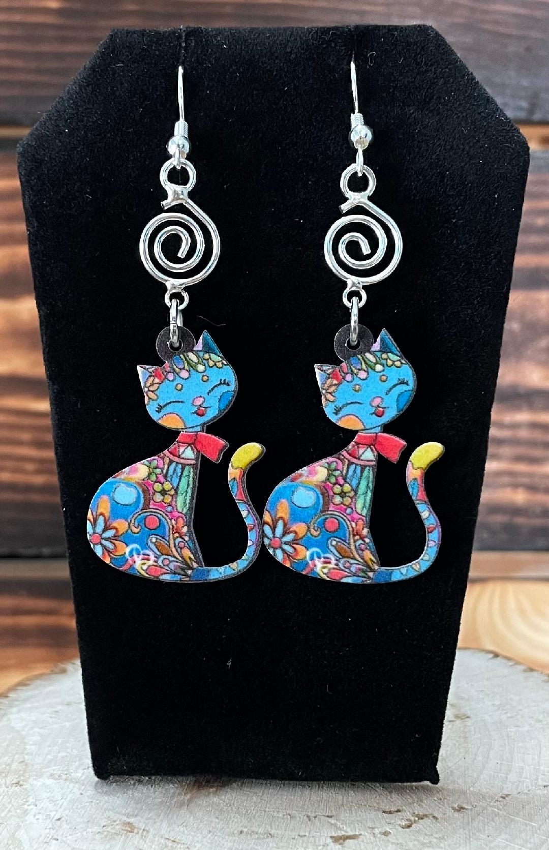 NEW Boho Mexican Style Teal Blue Cartoon Cat Earrings