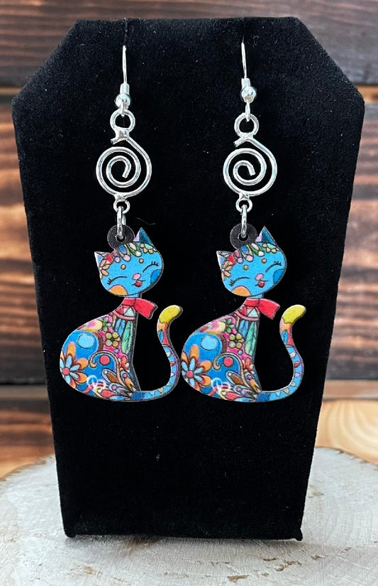 NEW Boho Mexican Style Teal Blue Cartoon Cat Earrings