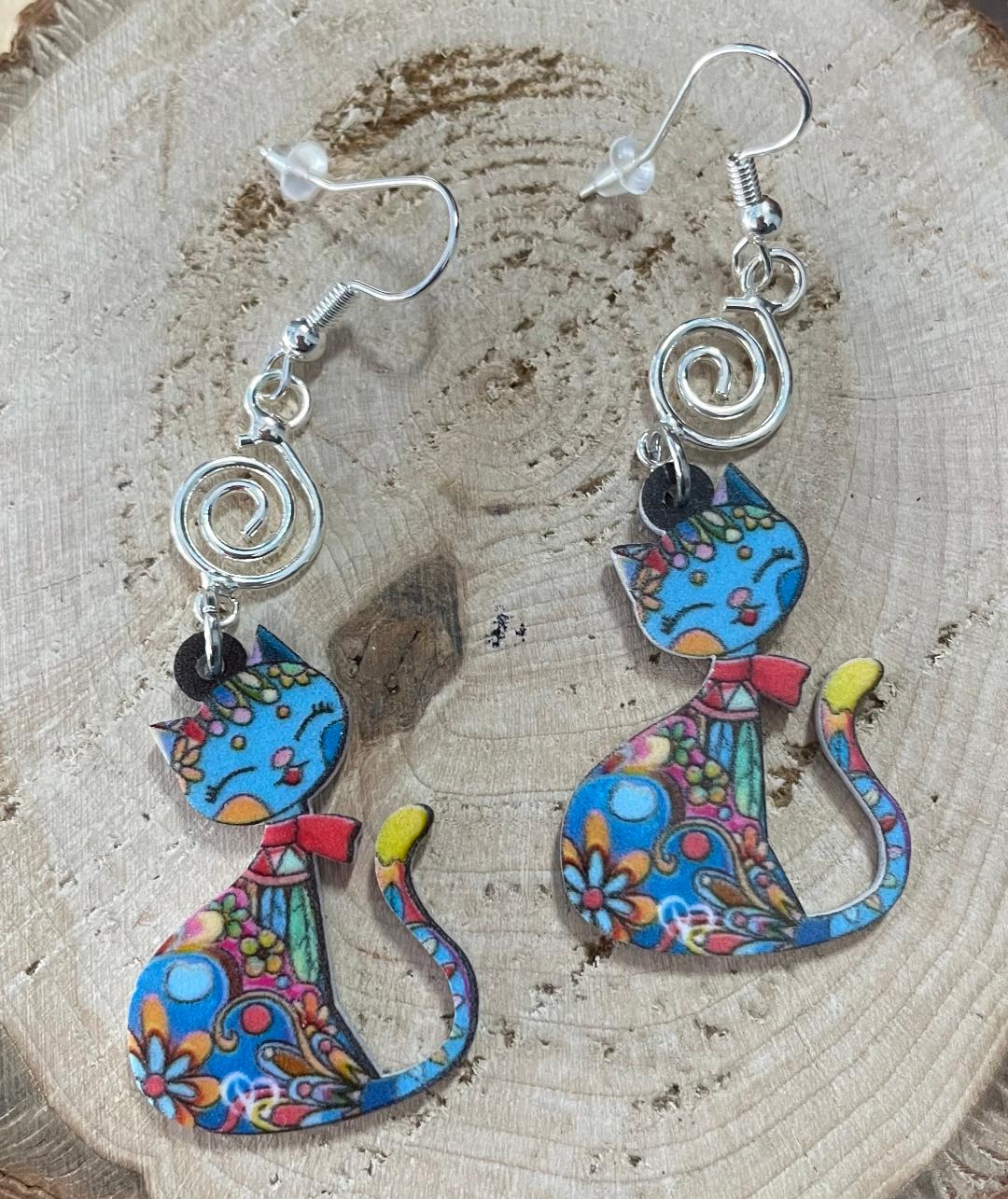 NEW Boho Mexican Style Teal Blue Cartoon Cat Earrings
