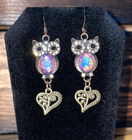 NEW Rhinestone Owl & Lavender Filigree Heart Drop Dangle Bronze Tone Earrings
