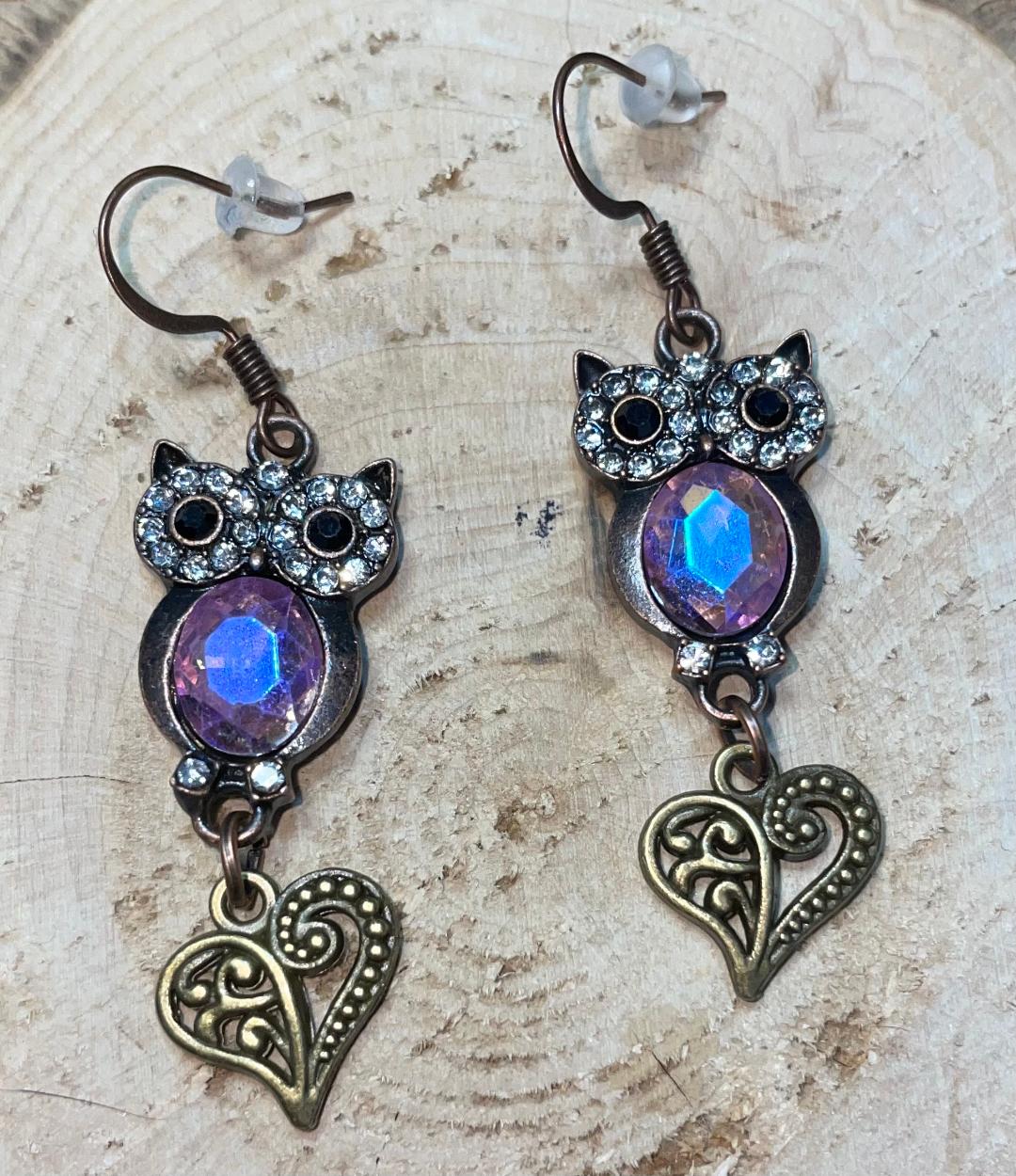NEW Rhinestone Owl & Lavender Filigree Heart Drop Dangle Bronze Tone Earrings