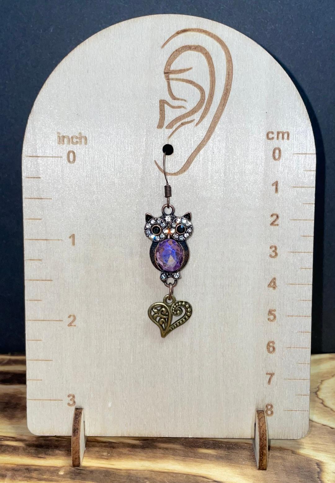 NEW Rhinestone Owl & Lavender Filigree Heart Drop Dangle Bronze Tone Earrings