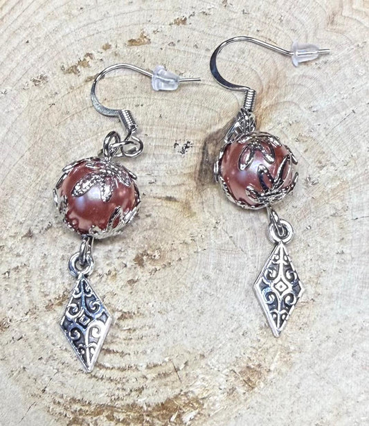 NEW Leaf Capped Mauve Pink Glass Pearl Earrings
