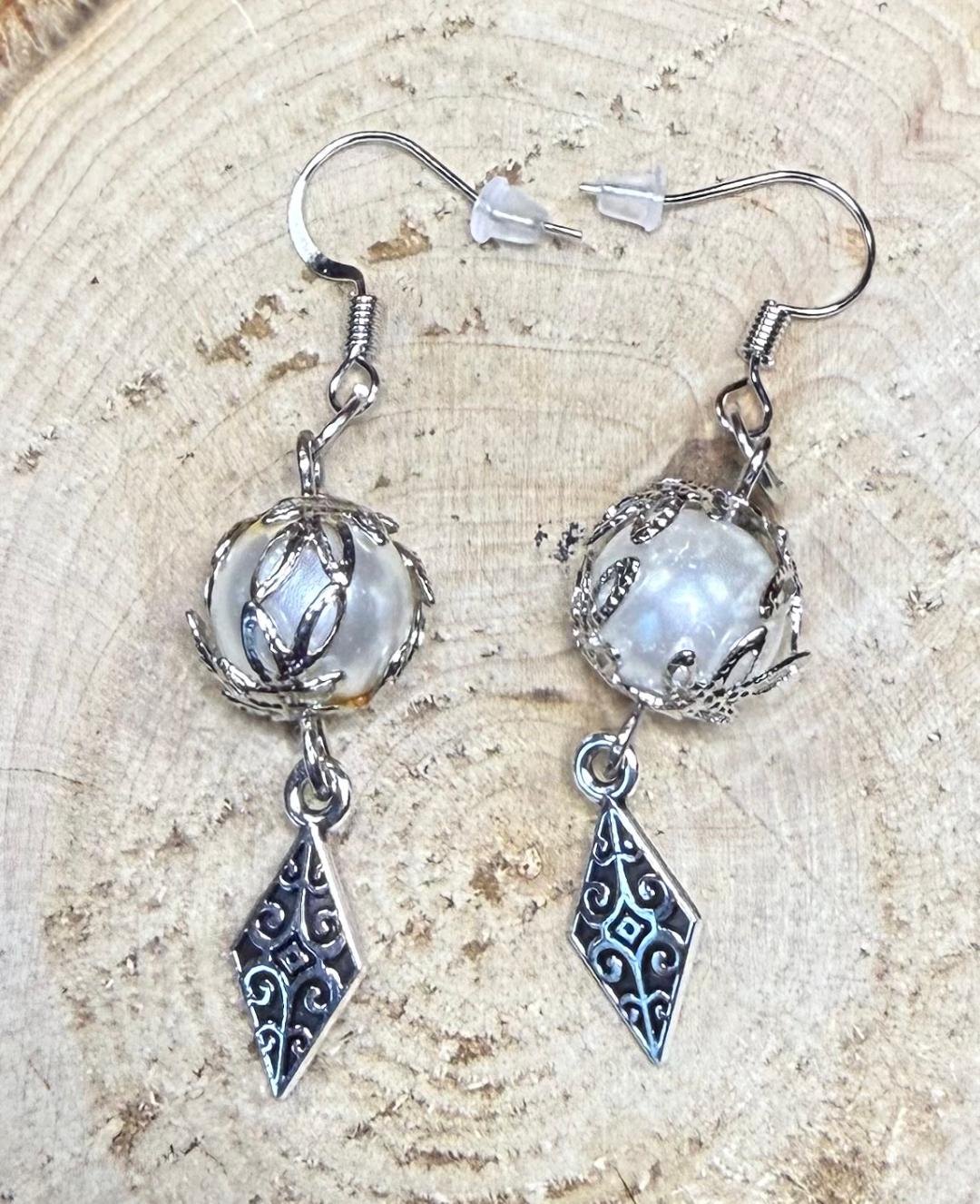 NEW Leaf Capped White Glass Pearl Earrings