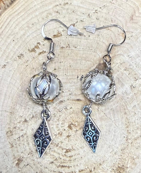 NEW Leaf Capped White Glass Pearl Earrings