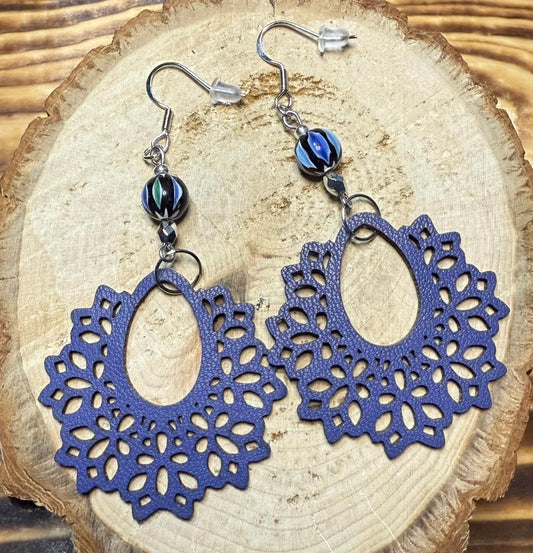 NEW Faux Leather Fancy Design Earrings w/ Ceramic Bead