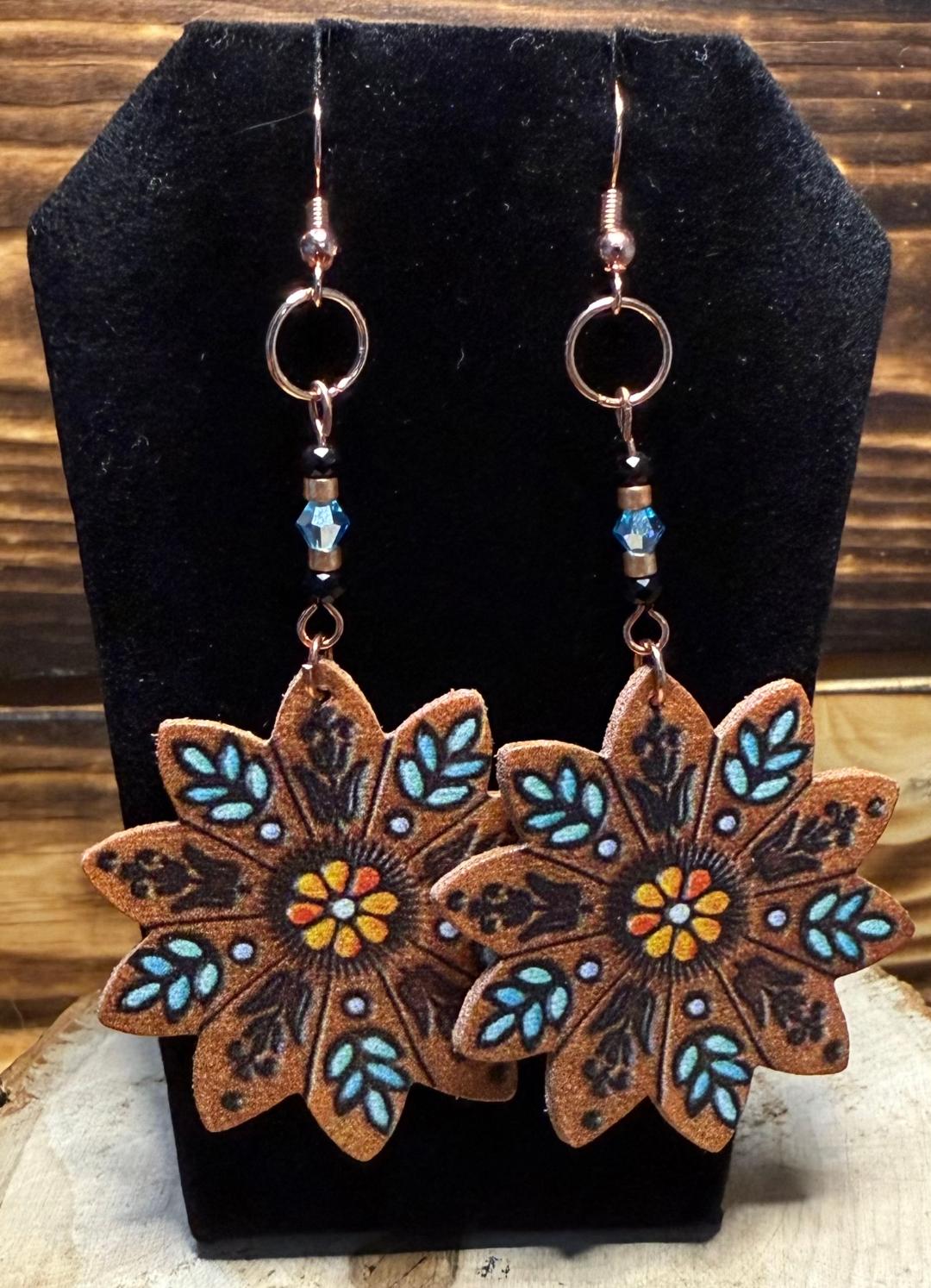 NEW Soft Leather Flower Mandala & Beaded Earrings