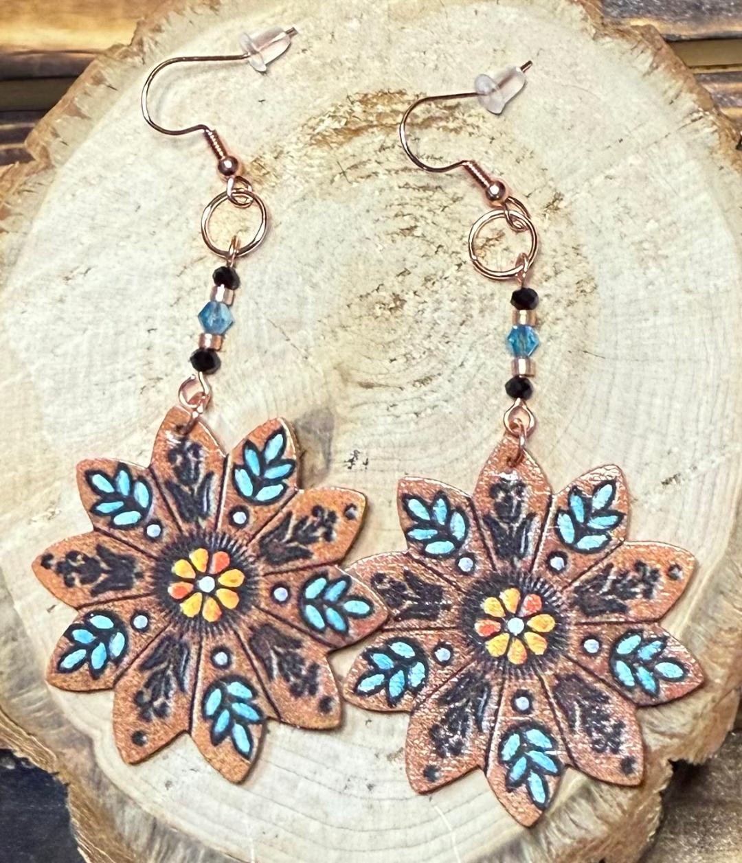 NEW Soft Leather Flower Mandala & Beaded Earrings