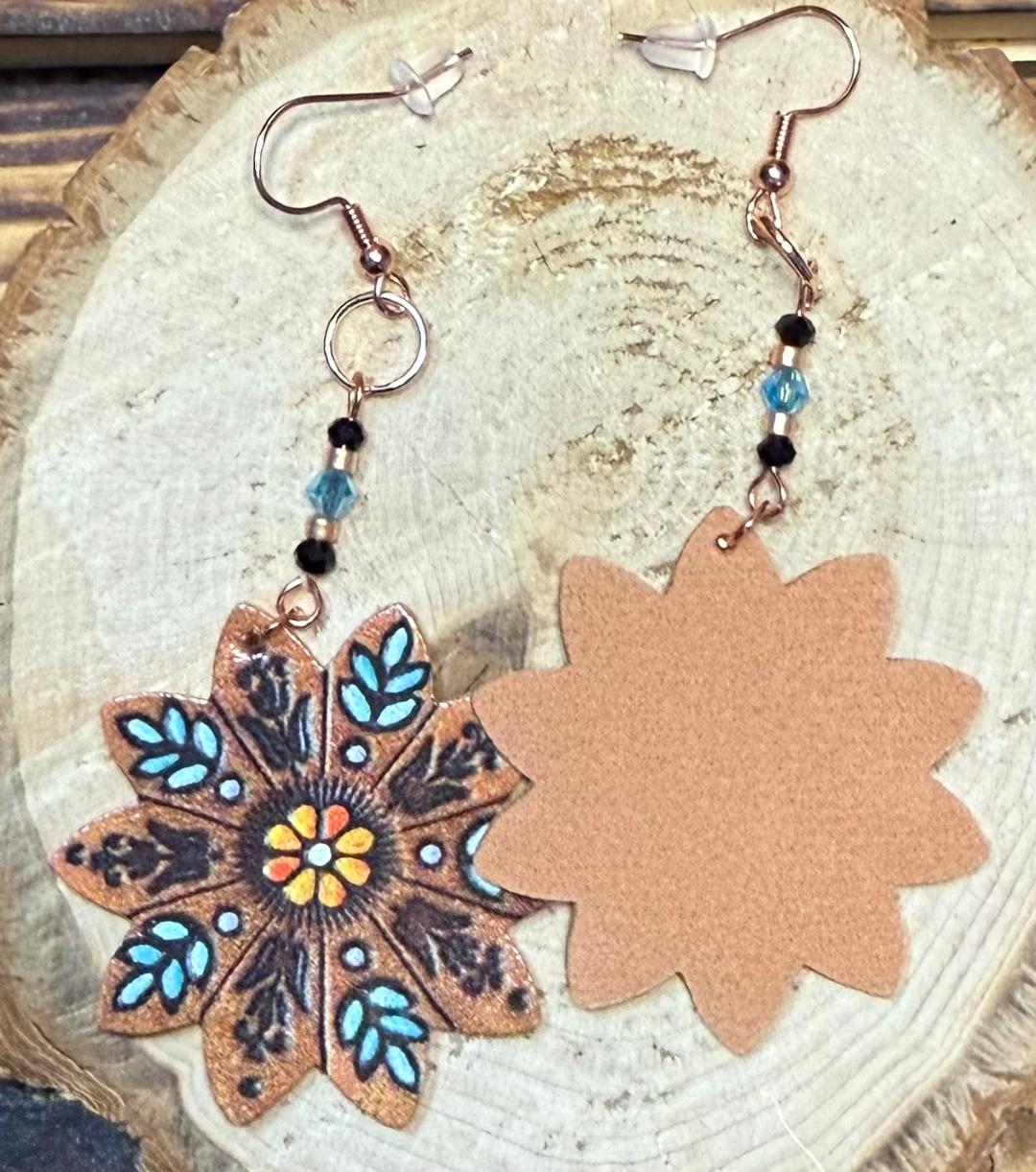NEW Soft Leather Flower Mandala & Beaded Earrings