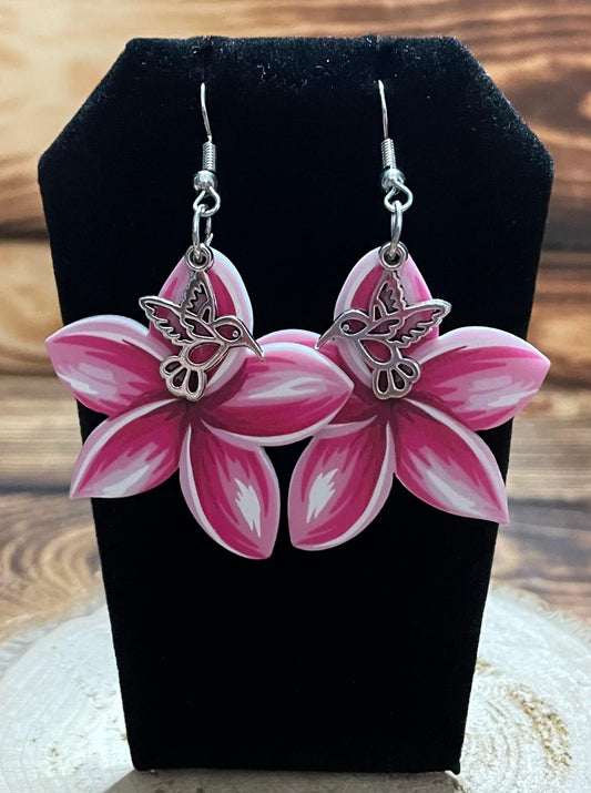 NEW Double Sided Acrylic Pink Flower Earrings w/ Hummingbird Accent Charms