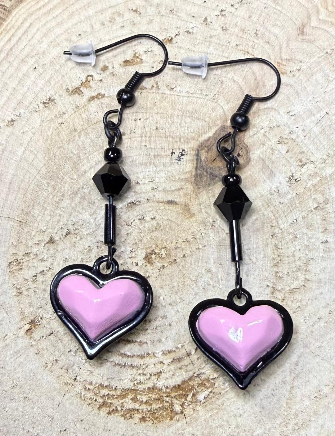 NEW Light Pink Heart Charm Earring w/ Black Beads