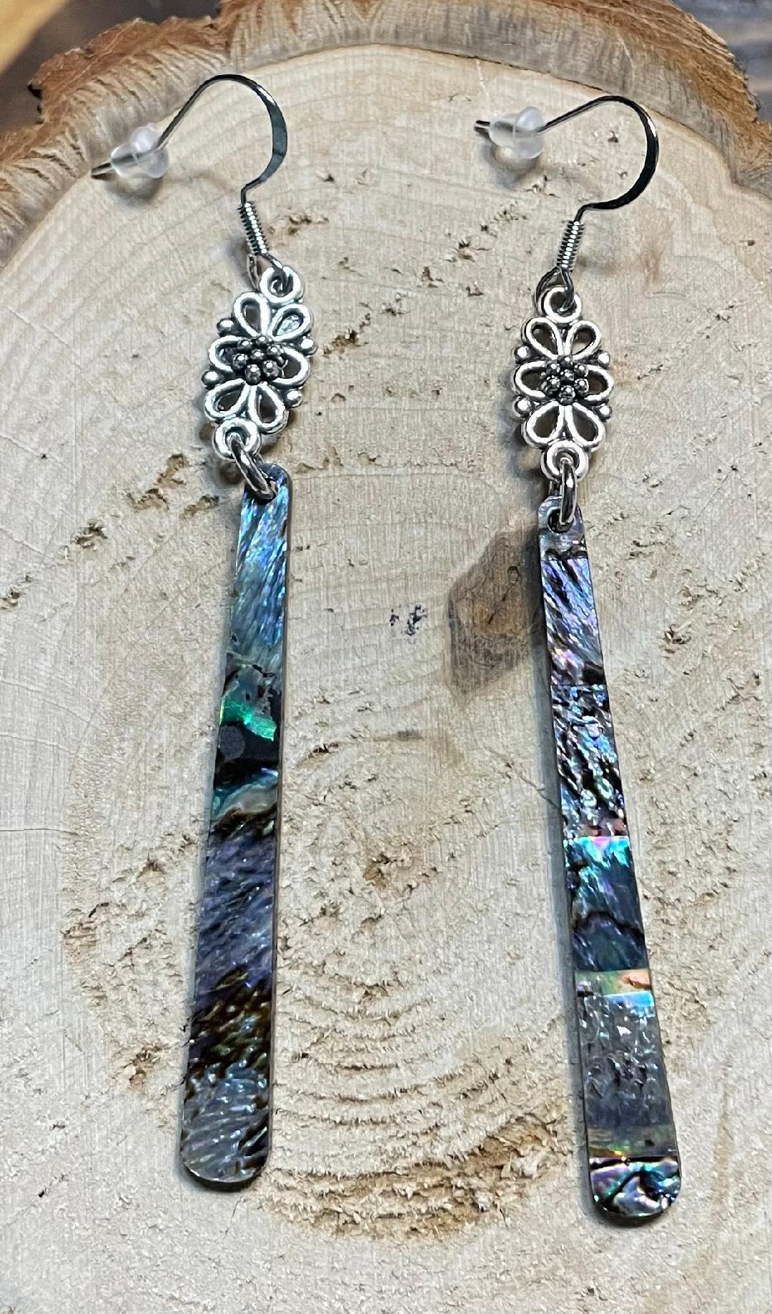 NEW Long Abalone Themed Acrylic Earrings w/ Filigree Charm