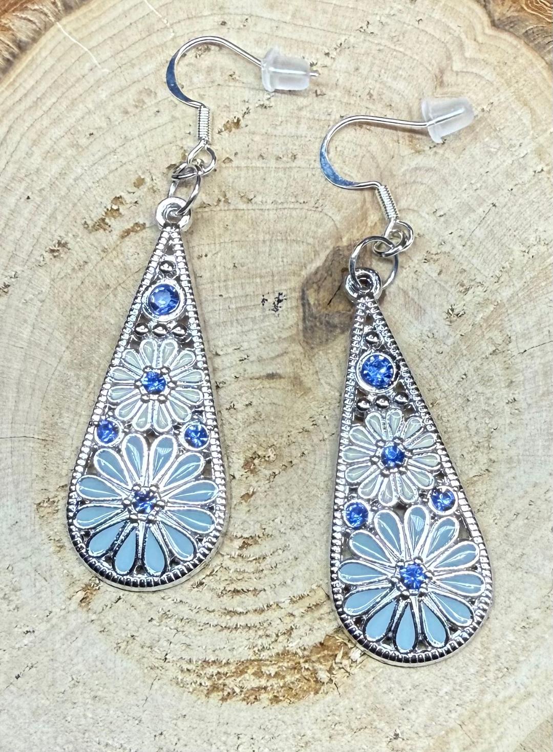NEW Long Silver Alloy Flower Teardrop Earrings w/ Blue Rhinestones
