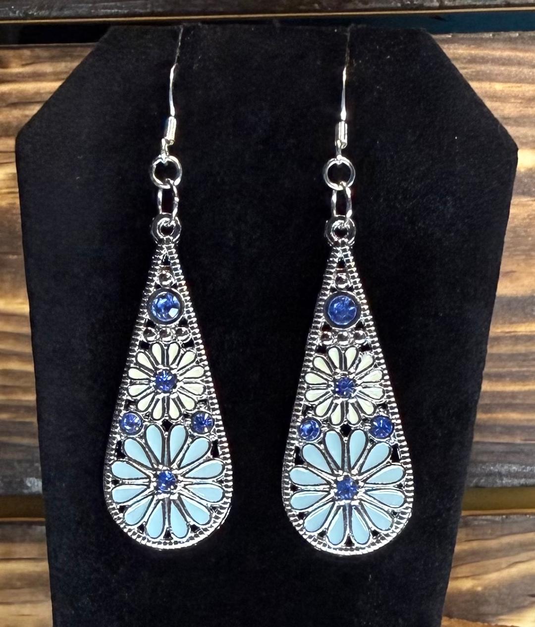 NEW Long Silver Alloy Flower Teardrop Earrings w/ Blue Rhinestones