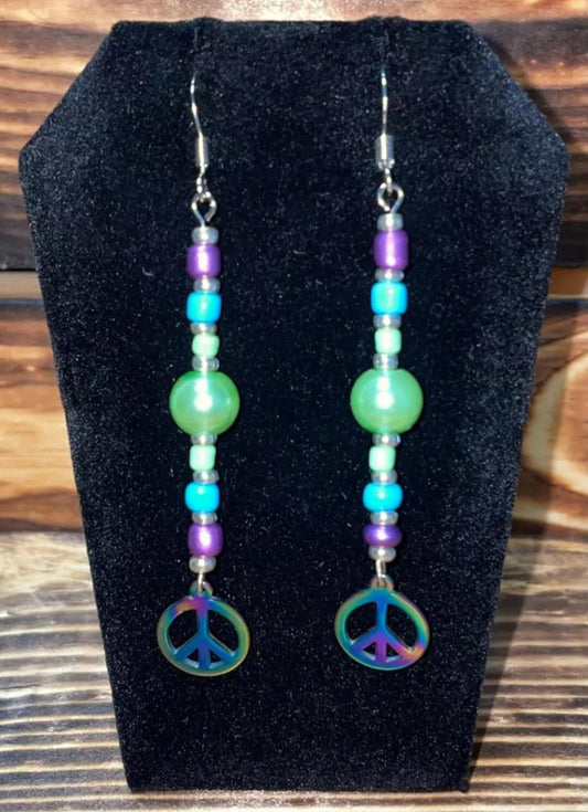 NEW Boho Hippie Peace Sign Beaded Iridescent Metal Pendant Long Dangle Earrings