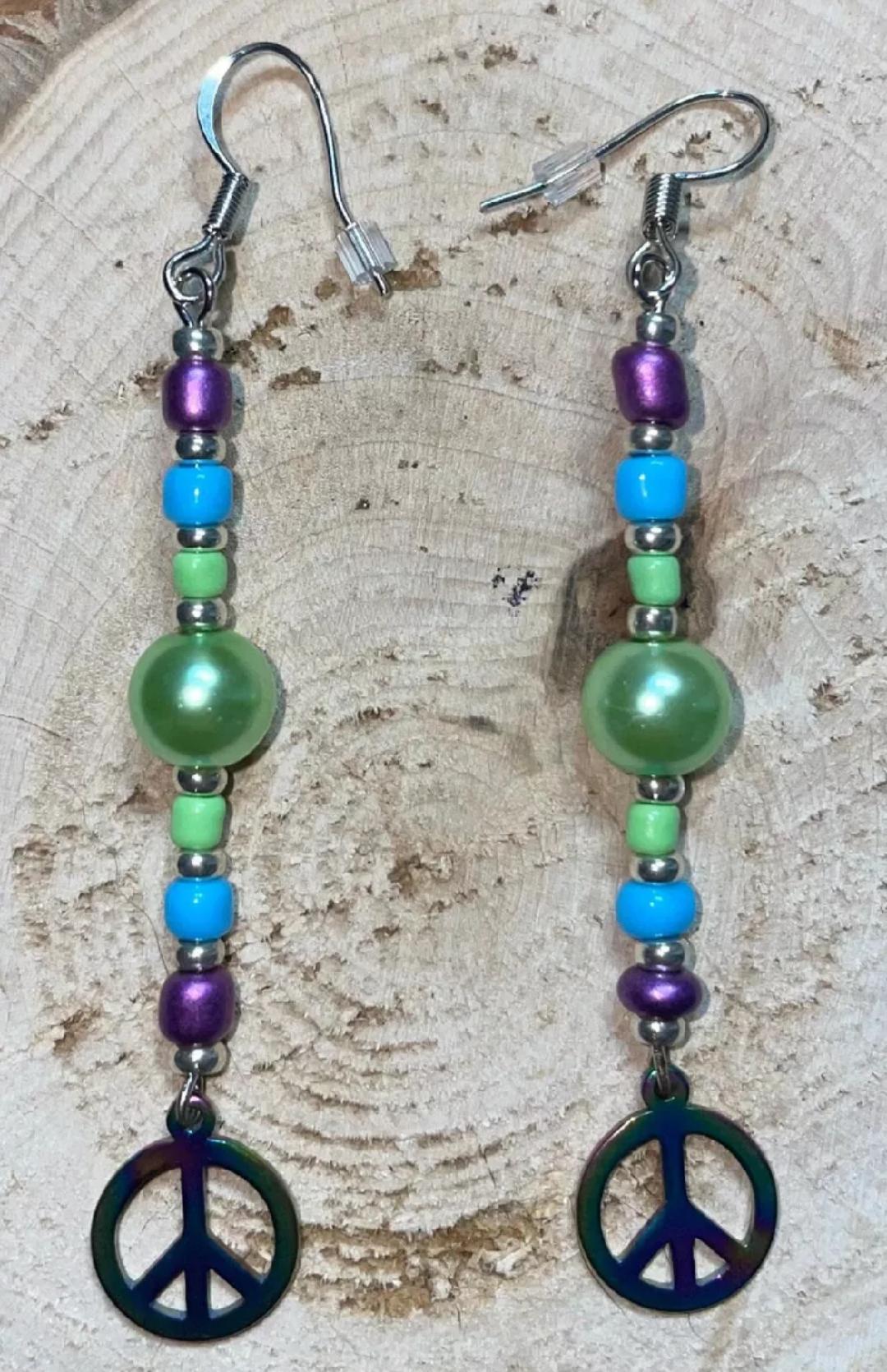 NEW Boho Hippie Peace Sign Beaded Iridescent Metal Pendant Long Dangle Earrings