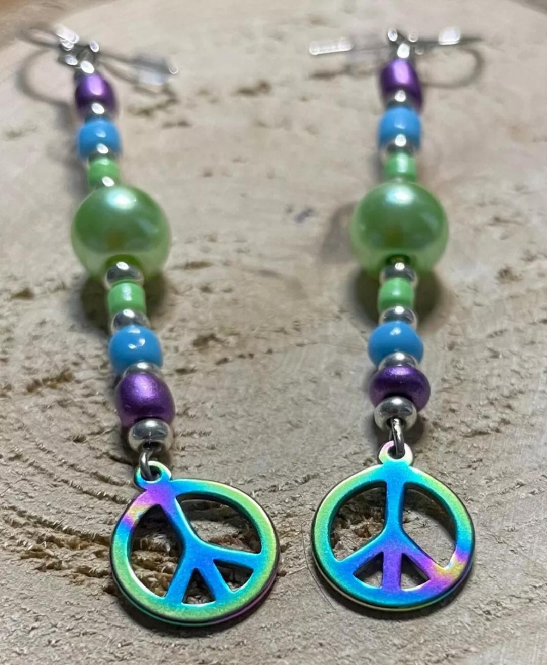NEW Boho Hippie Peace Sign Beaded Iridescent Metal Pendant Long Dangle Earrings