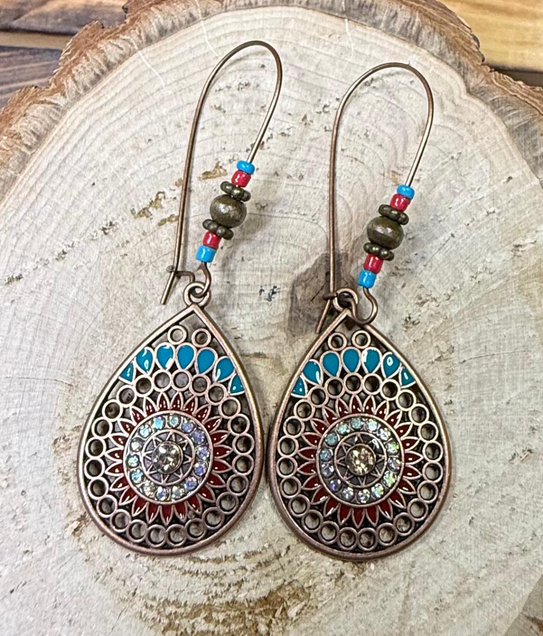NEW Bronze Boho Style Teardrop Earrings w/ Beads & Rhinestones