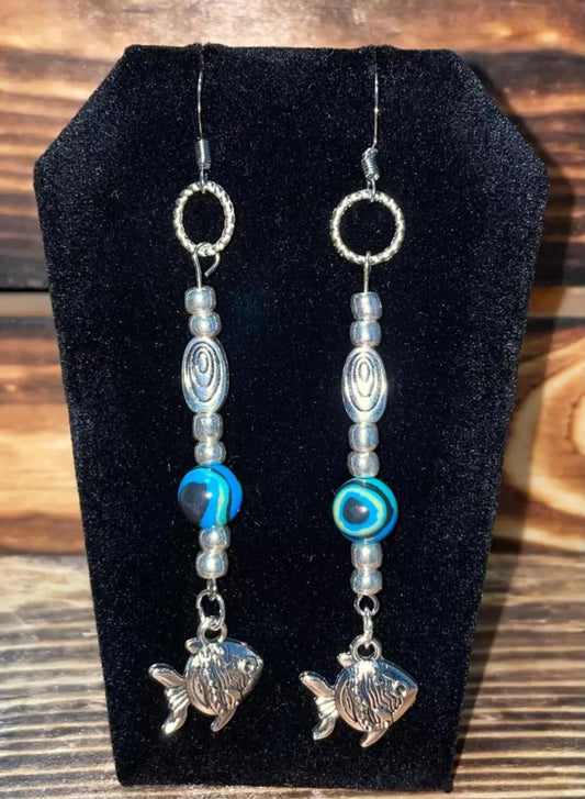 NEW Extra Long Sea Life Tropical Fish & Beads Silver Tone Drop Dangle Earrings