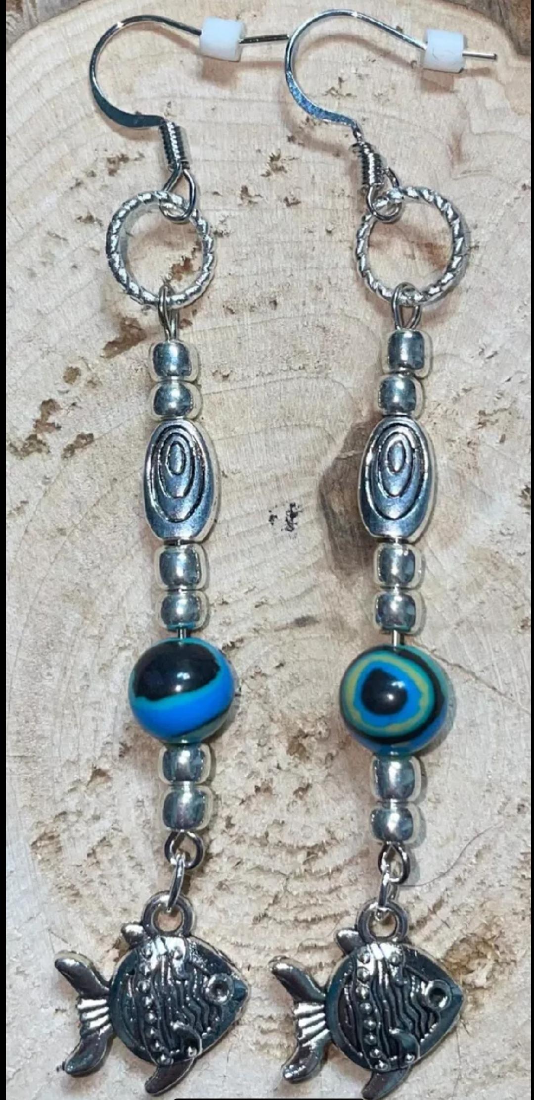 NEW Extra Long Sea Life Tropical Fish & Beads Silver Tone Drop Dangle Earrings