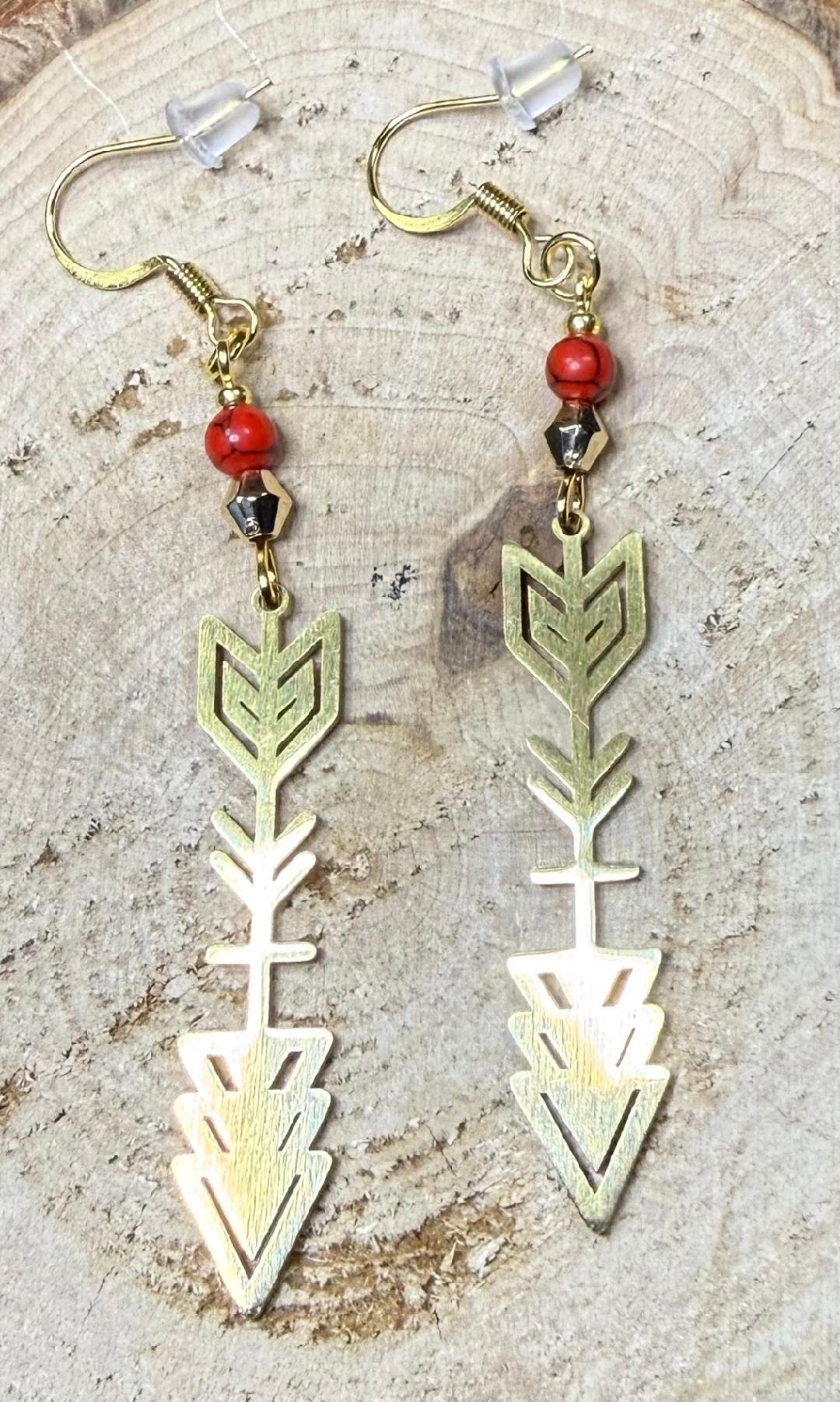 NEW Dramatic Gold Stainless Steel Arrow Earrings w/ Red Bead