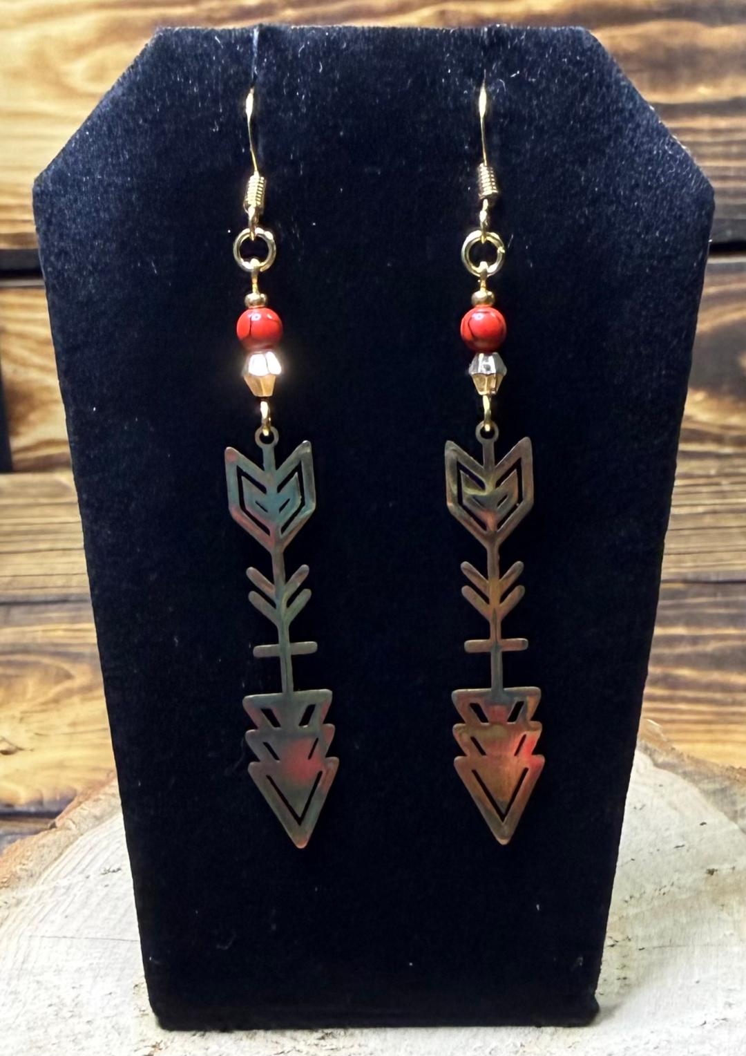 NEW Dramatic Gold Stainless Steel Arrow Earrings w/ Red Bead