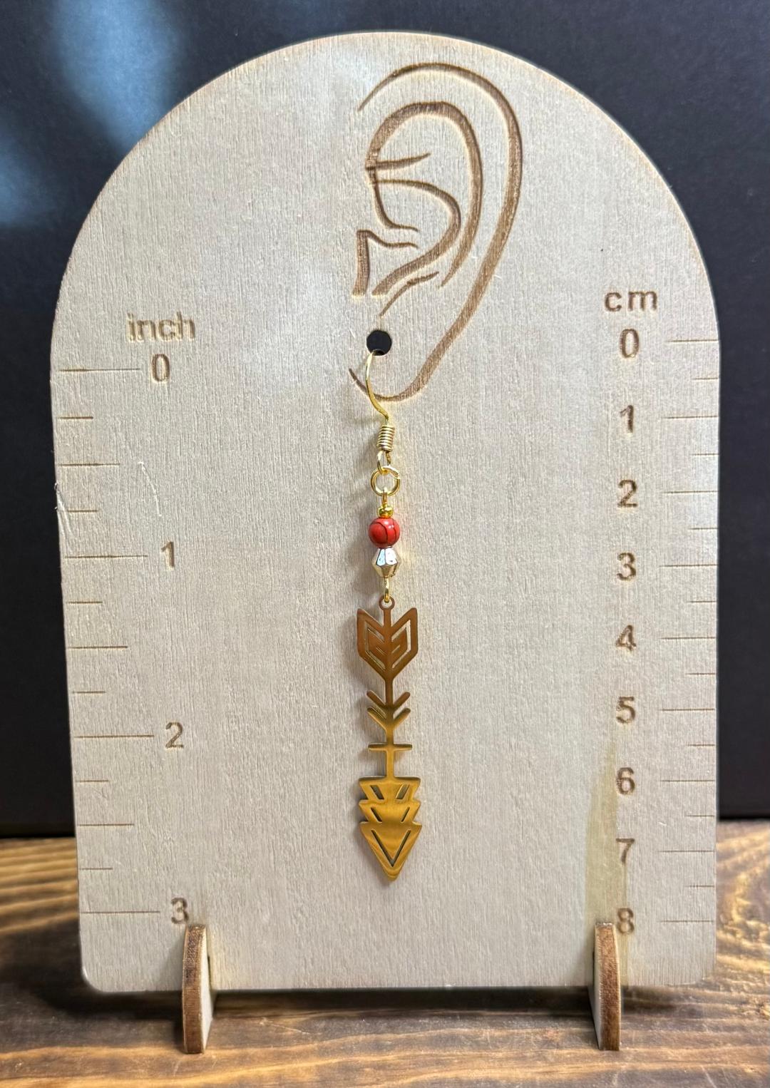 NEW Dramatic Gold Stainless Steel Arrow Earrings w/ Red Bead