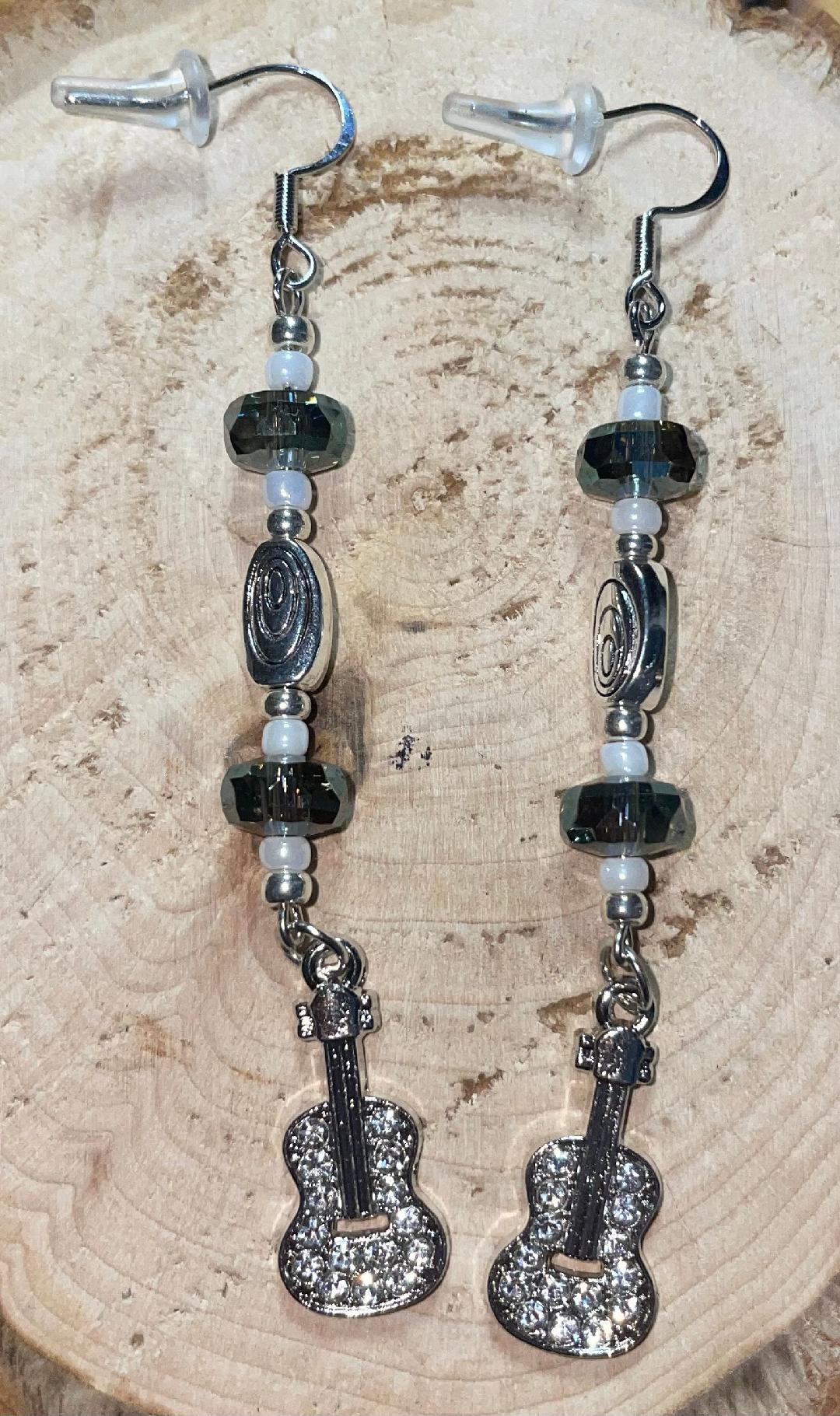 NEW Rhinestone & Silver Tone Guitar Extra Long Beaded Drop Dangle Earrings
