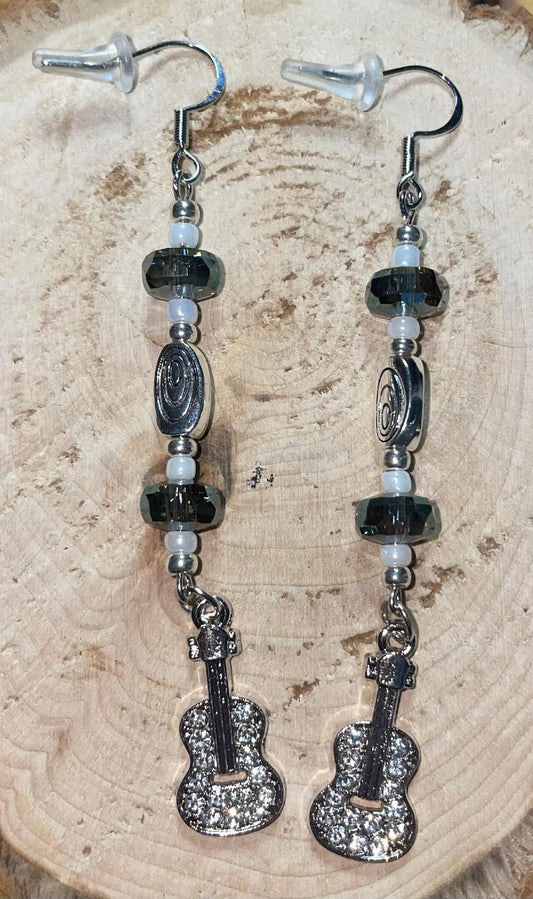 NEW Rhinestone & Silver Tone Guitar Extra Long Beaded Drop Dangle Earrings
