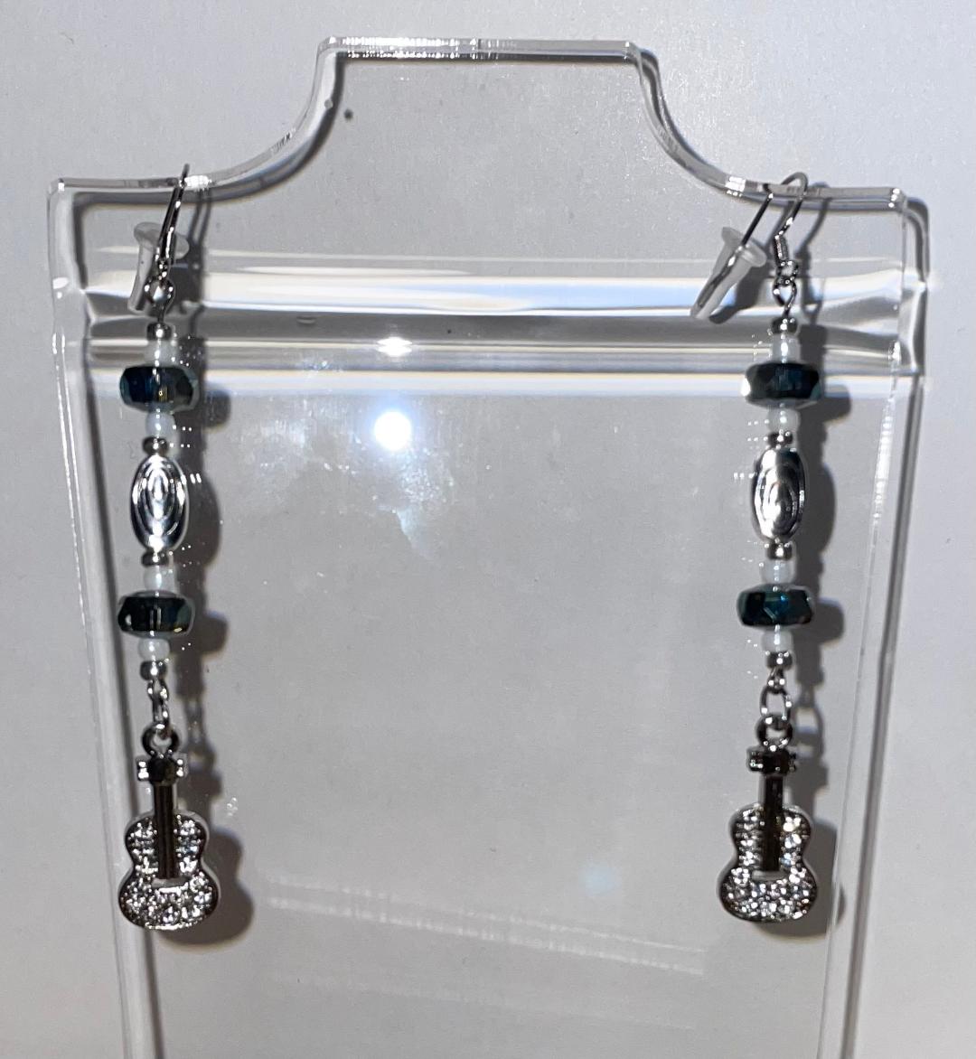 NEW Rhinestone & Silver Tone Guitar Extra Long Beaded Drop Dangle Earrings