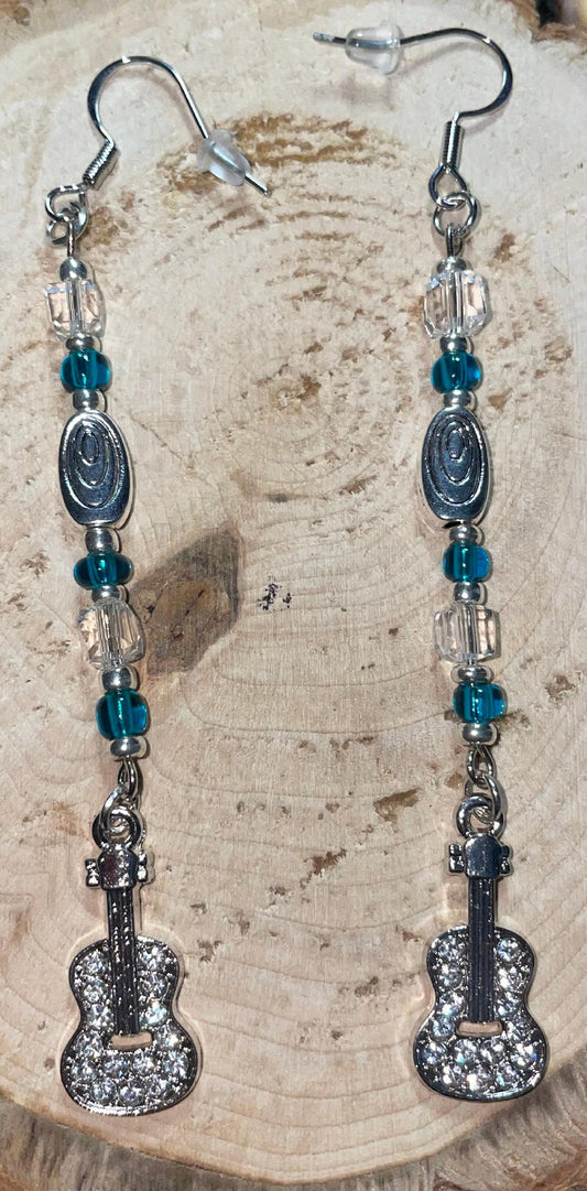 NEW Rhinestone Guitar Extra Long Beaded Drop Dangle Earrings