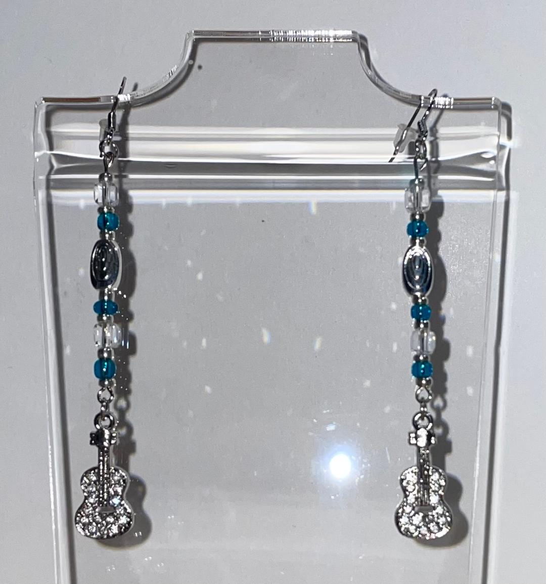 NEW Rhinestone Guitar Extra Long Beaded Drop Dangle Earrings