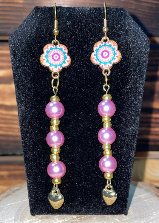 NEW Extra Long Pink Beaded Mandala Drop Dangle Earrings