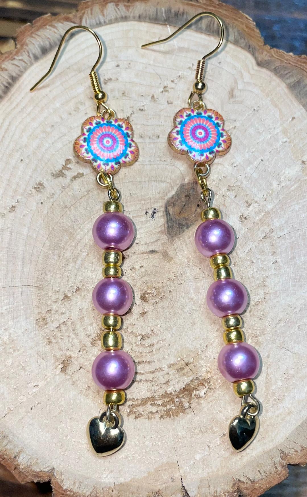 NEW Extra Long Pink Beaded Mandala Drop Dangle Earrings