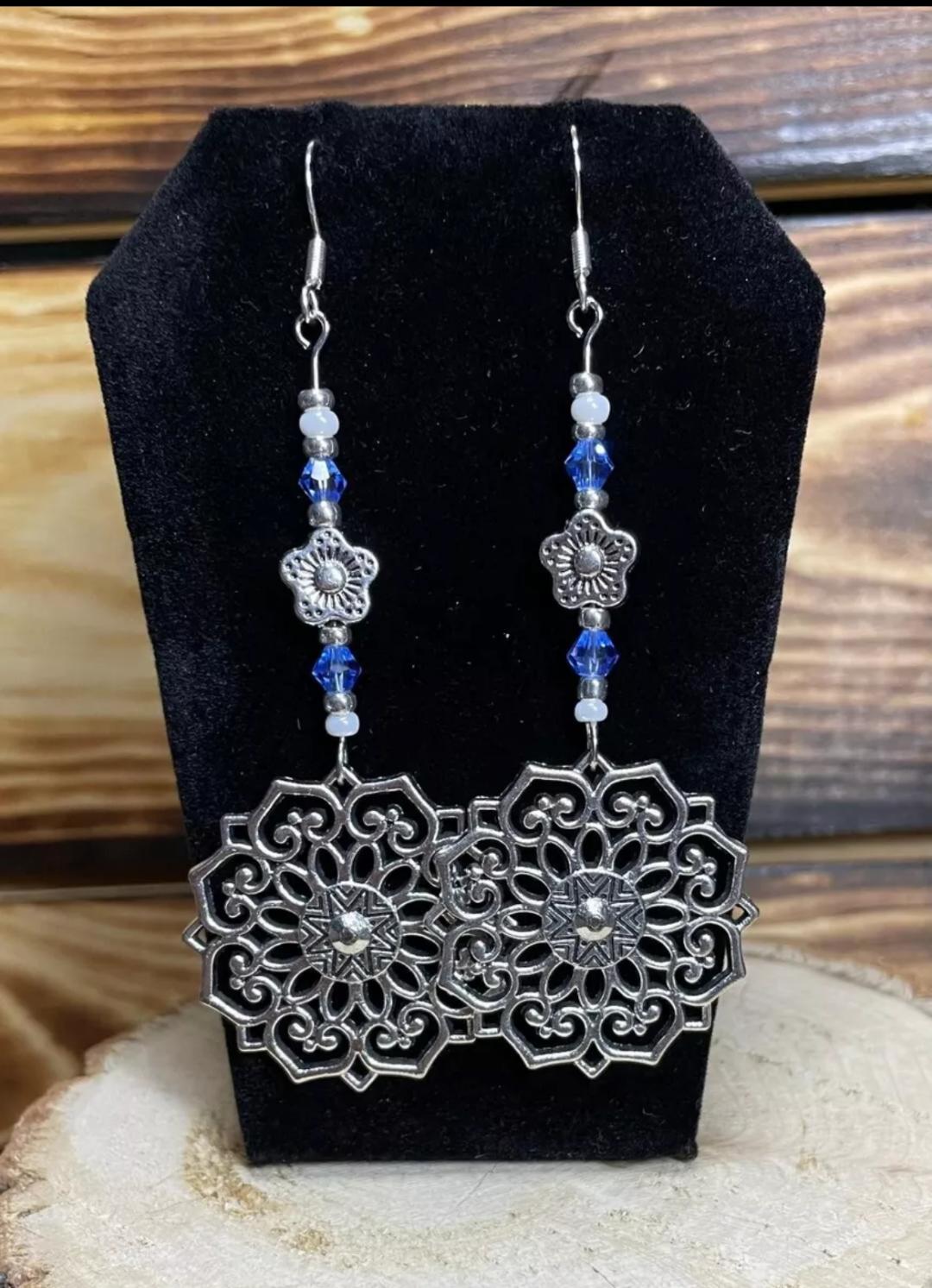 NEW Handmade Boho Hippie Silver Mandala & Beaded Long Earrings
