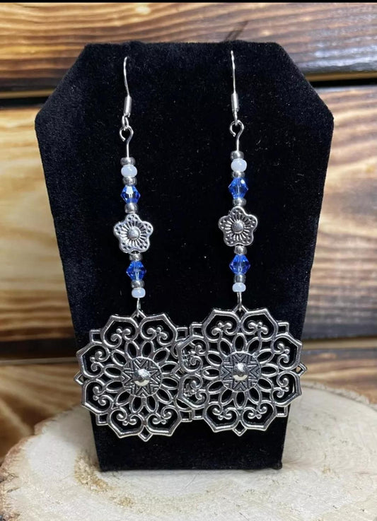 NEW Handmade Boho Hippie Silver Mandala & Beaded Long Earrings