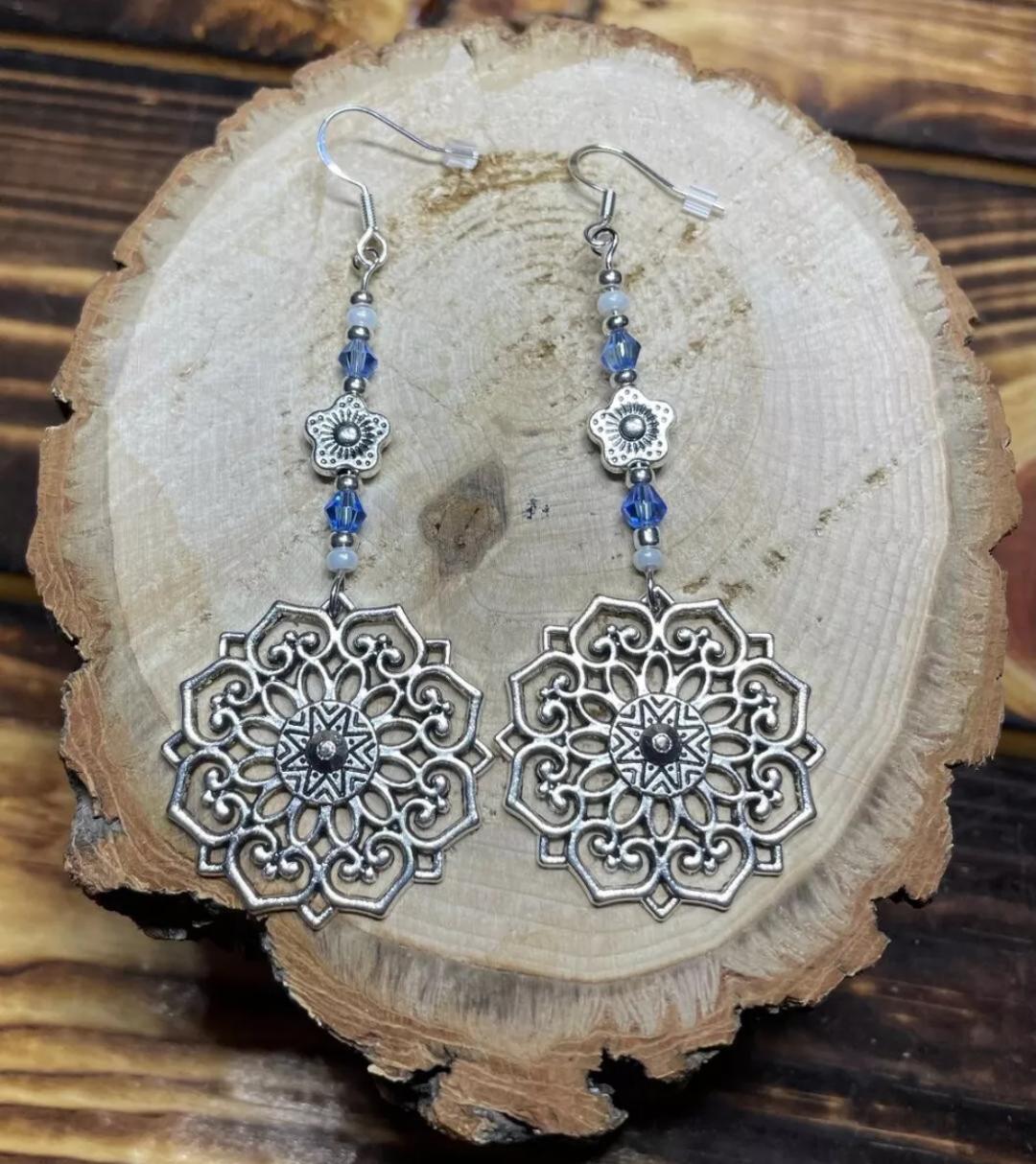 NEW Handmade Boho Hippie Silver Mandala & Beaded Long Earrings