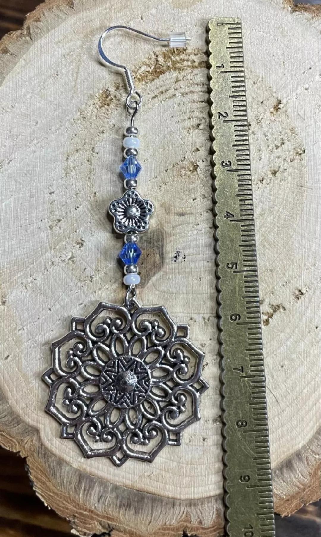 NEW Handmade Boho Hippie Silver Mandala & Beaded Long Earrings