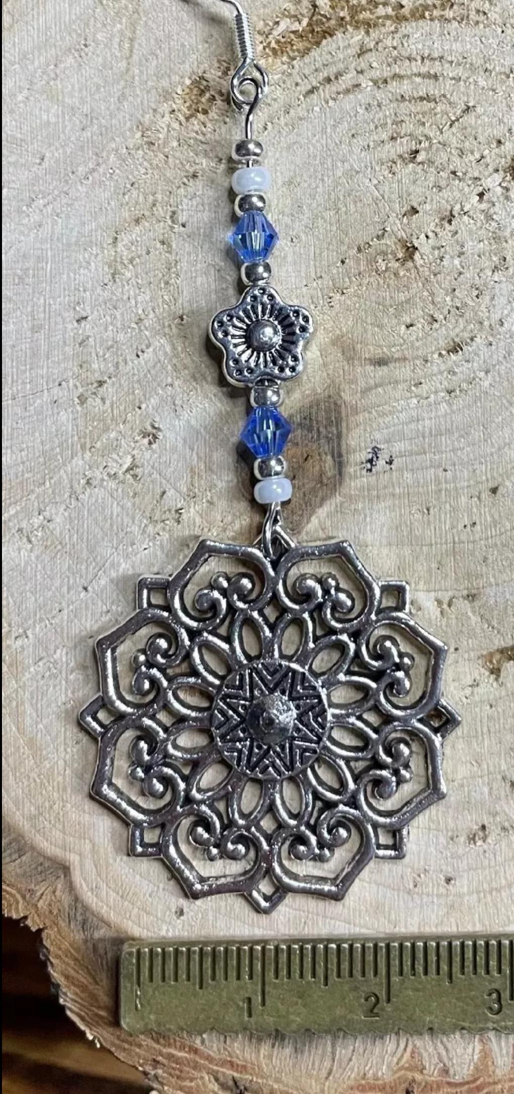 NEW Handmade Boho Hippie Silver Mandala & Beaded Long Earrings