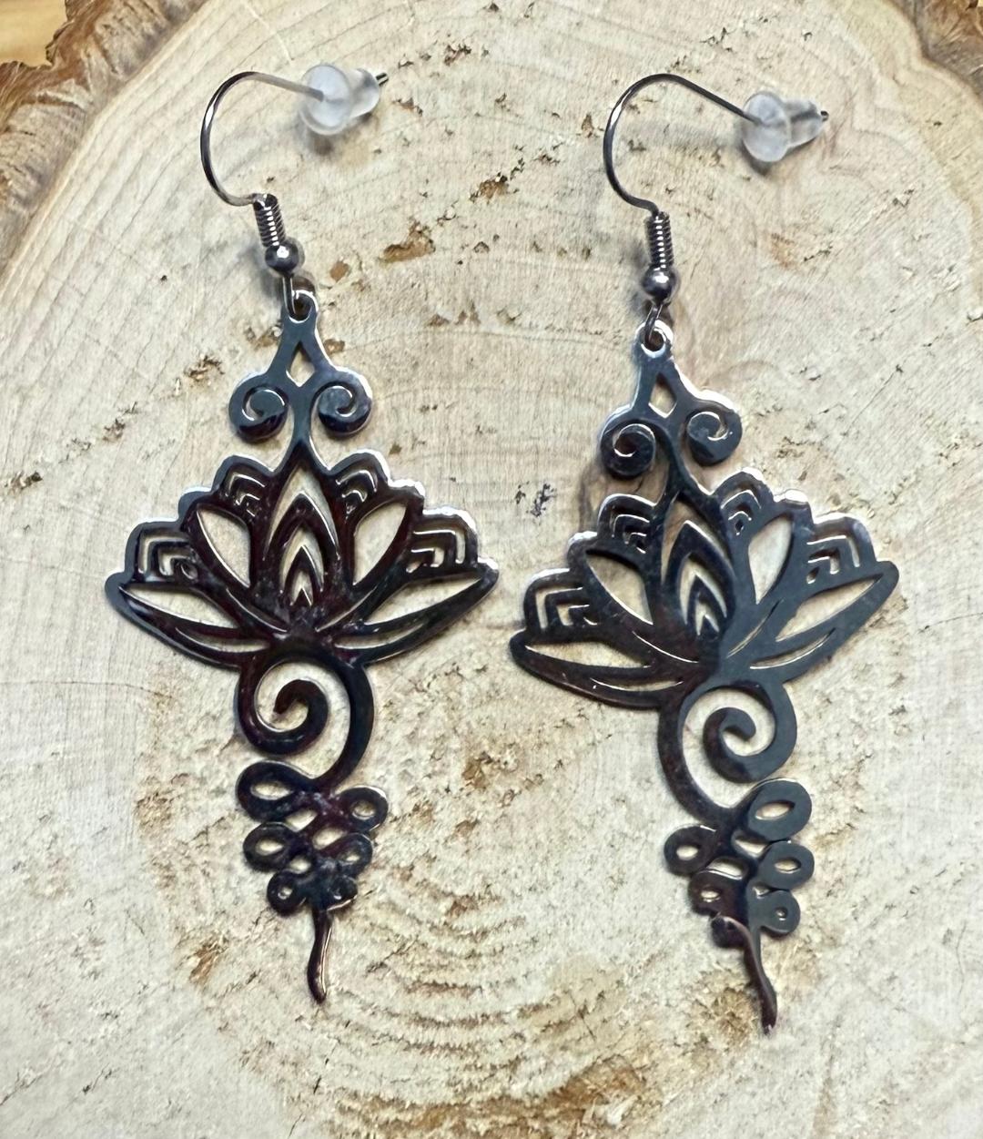 NEW Dramatic Silver Stainless Steel Lotus Charm Earrings